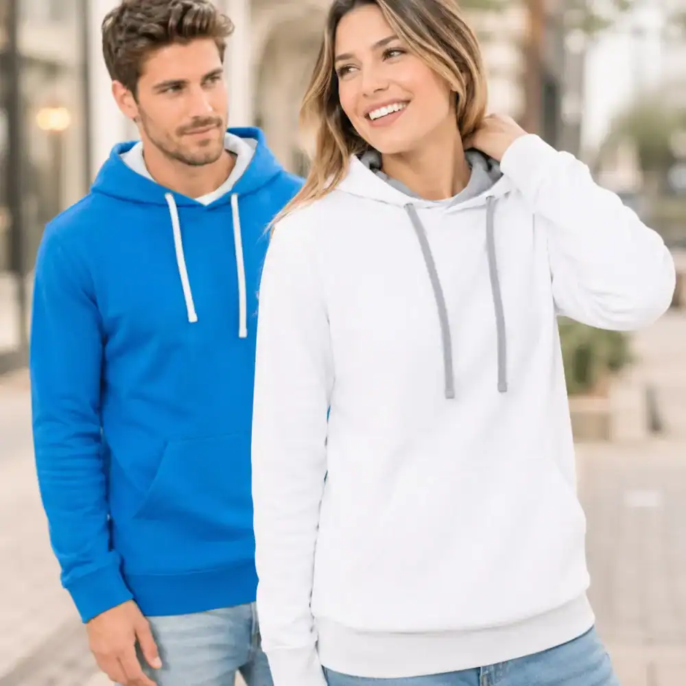 Sweat à capuche bleu et blanc porté par un homme et une femme en extérieur, fond urbain légèrement flou, coupe moderne avec cordons contrastés et intérieur de capuche visible, style lifestyle premium Pilou Shop 64