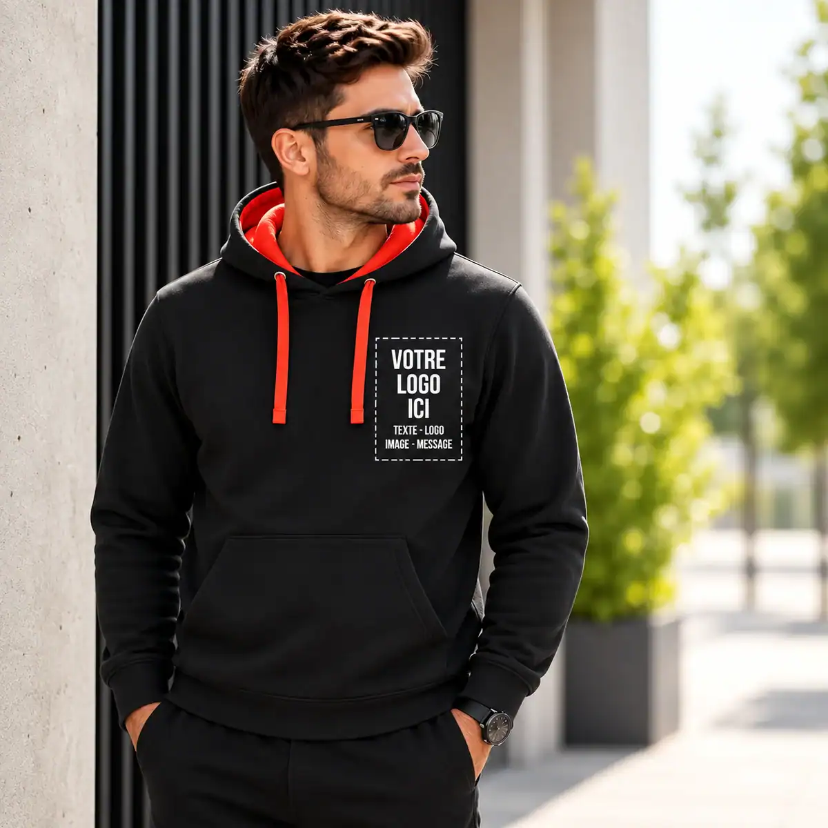 Sweat bicolore personnalisé noir et rouge avec logo, texte, image ou message – impression DTF à Pau