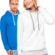 Sweats à capuche Kariban bleu et blanc.