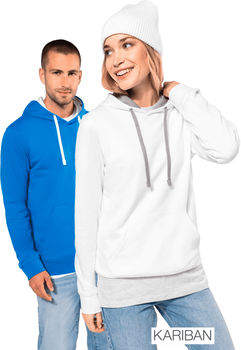 Sweats à capuche Kariban bleu et blanc.