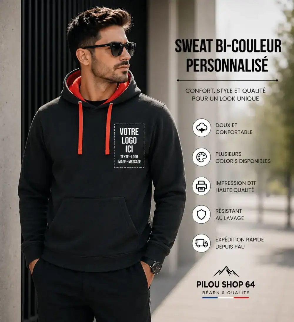 homme portant sweat bi-couleur noir et rouge personnalisé avec logo poitrine style urbain pilou shop 64