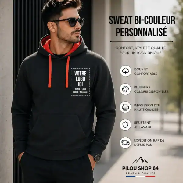 homme portant sweat bi-couleur noir et rouge personnalisé avec logo poitrine style urbain pilou shop 64