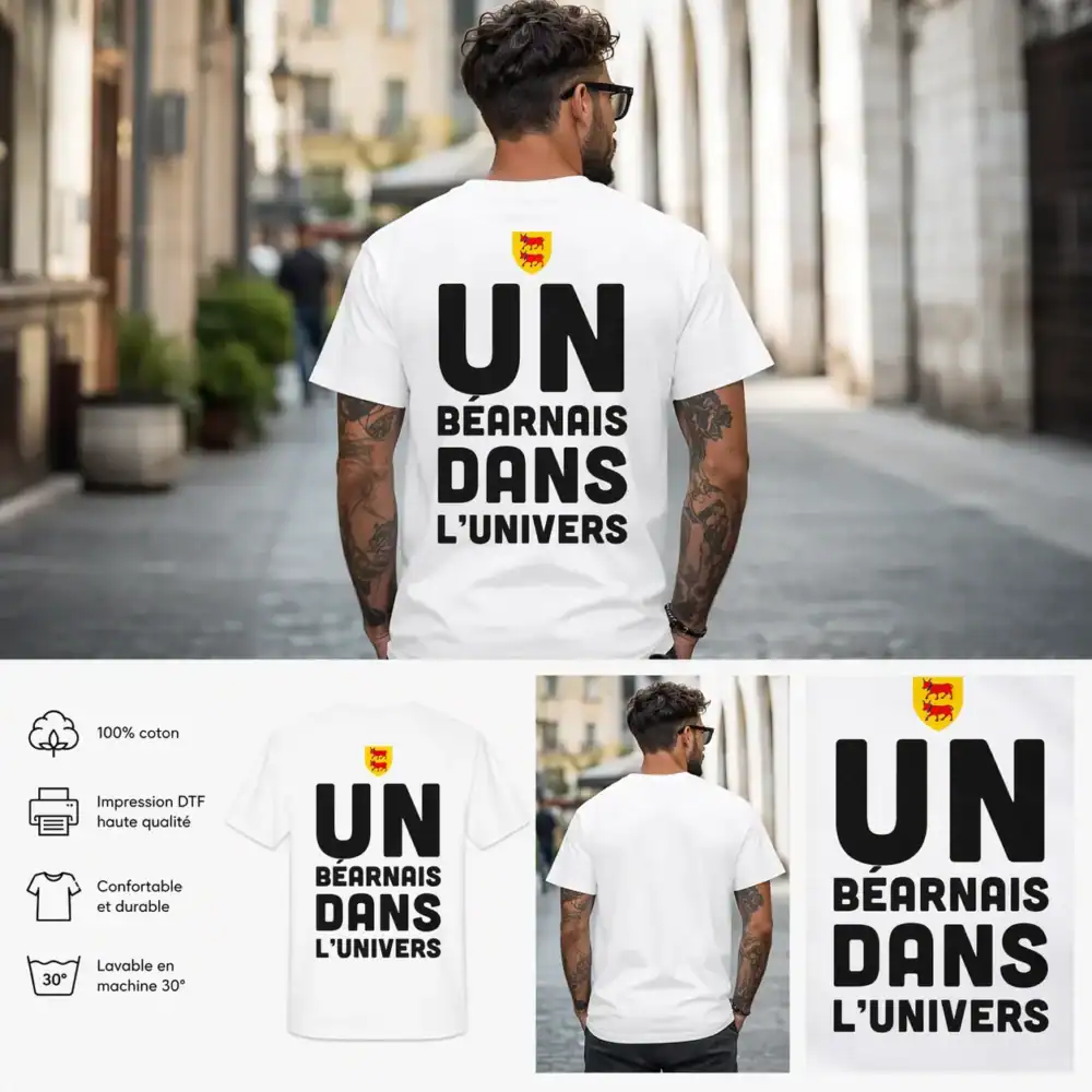 T-shirt Béarn dos homme blanc UN Béarnais dans l’univers impression DTF noir blason Béarn