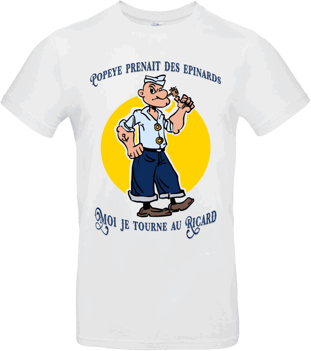T-shirt humour Popeye prenait des épinards moi je tourne au Ricard – illustration Sly ZSW La Coccinelle, impression DTF premium Pilou Shop 64 sur coton 190 g/m²