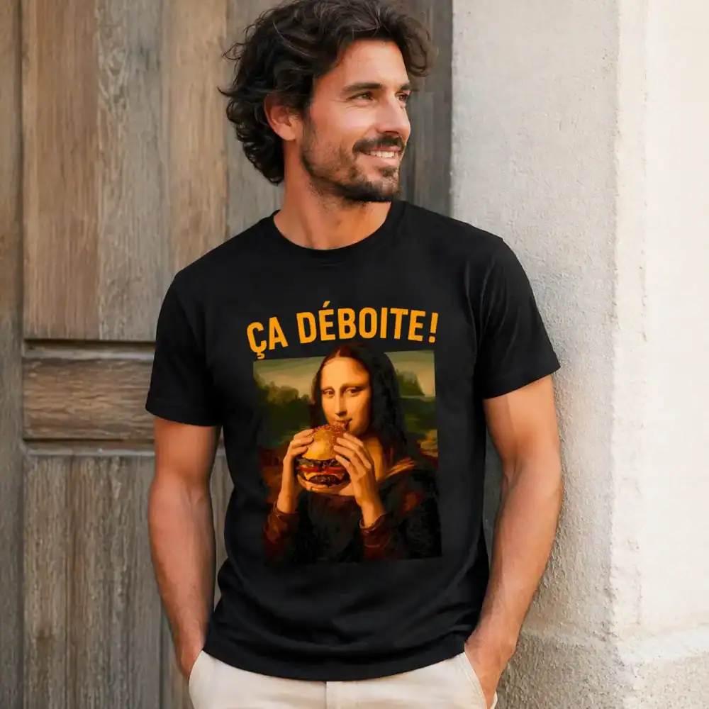 T-shirt ça déboite joconde burger porté par homme en extérieur urbain