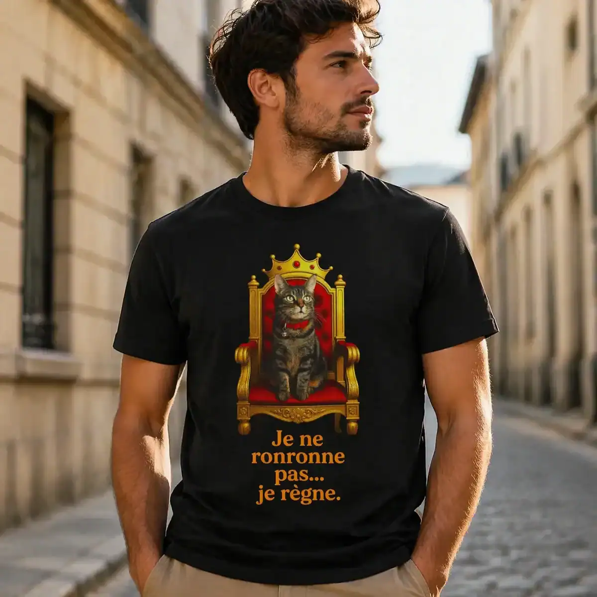T-shirt chat sur trône je ne ronronne pas je règne porté par homme en extérieur rue