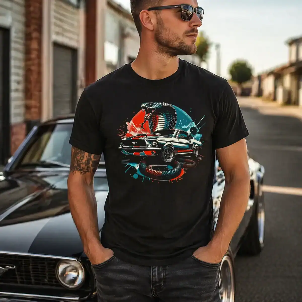 T-shirt cobra voiture porté par homme en extérieur urbain