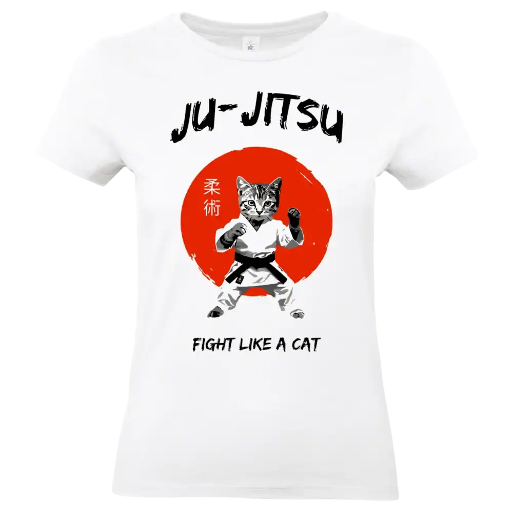 T shirt Ju Jitsu Fight Like a Cat chat arts martiaux impression premium blanc modele femme