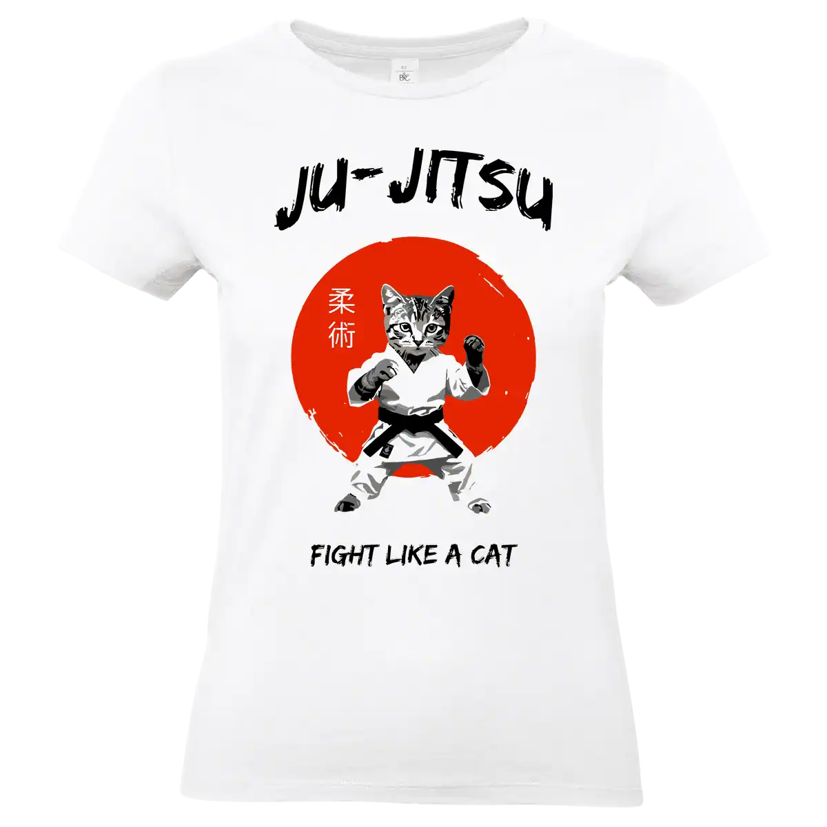 T shirt Ju Jitsu Fight Like a Cat chat arts martiaux impression premium blanc modele femme