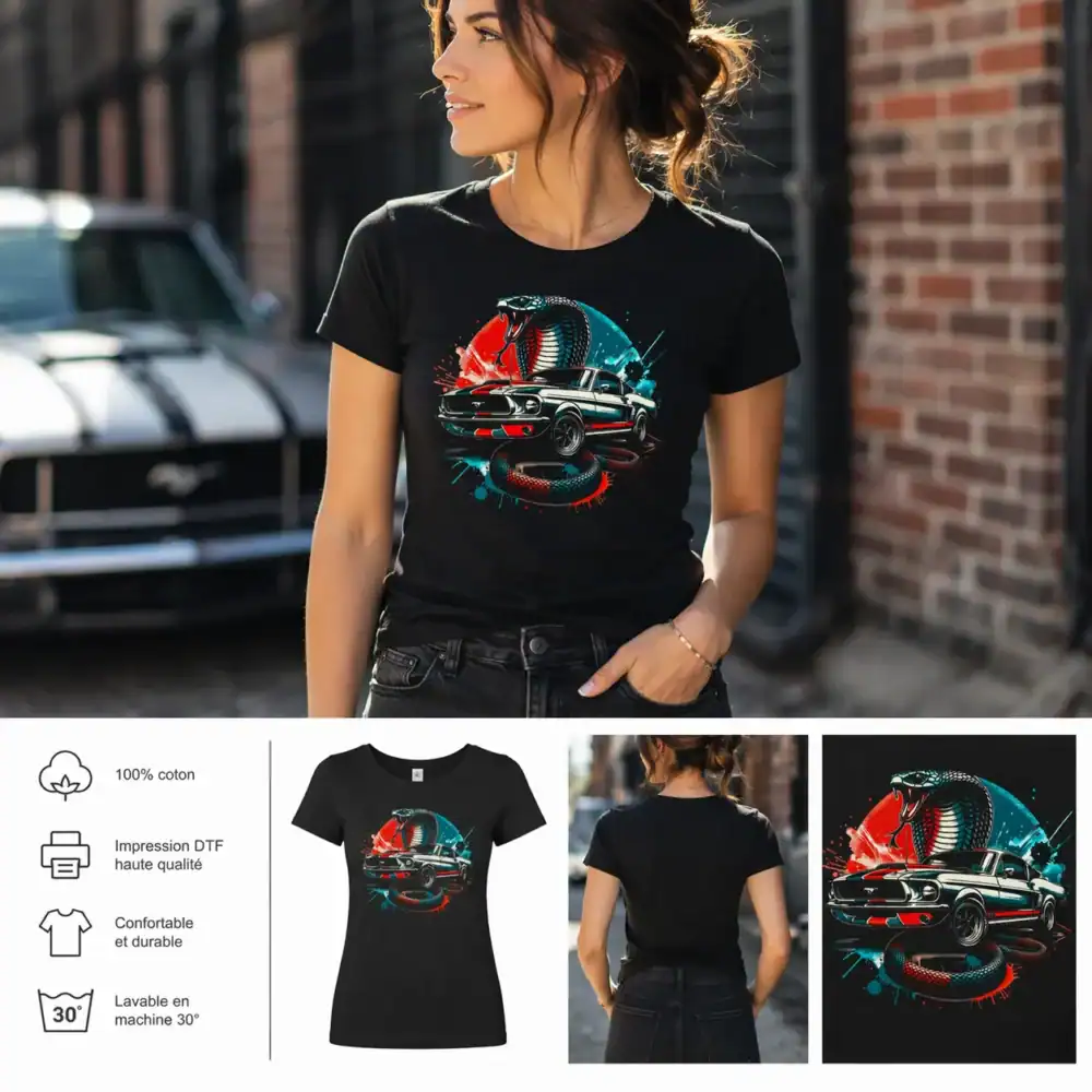T-shirt femme noir cobra voiture Mustang design graphique impression DTF Pilou Shop 64 porté en extérieur style urbain
