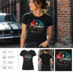 T-shirt femme noir cobra voiture Mustang design graphique impression DTF Pilou Shop 64 porté en extérieur style urbain