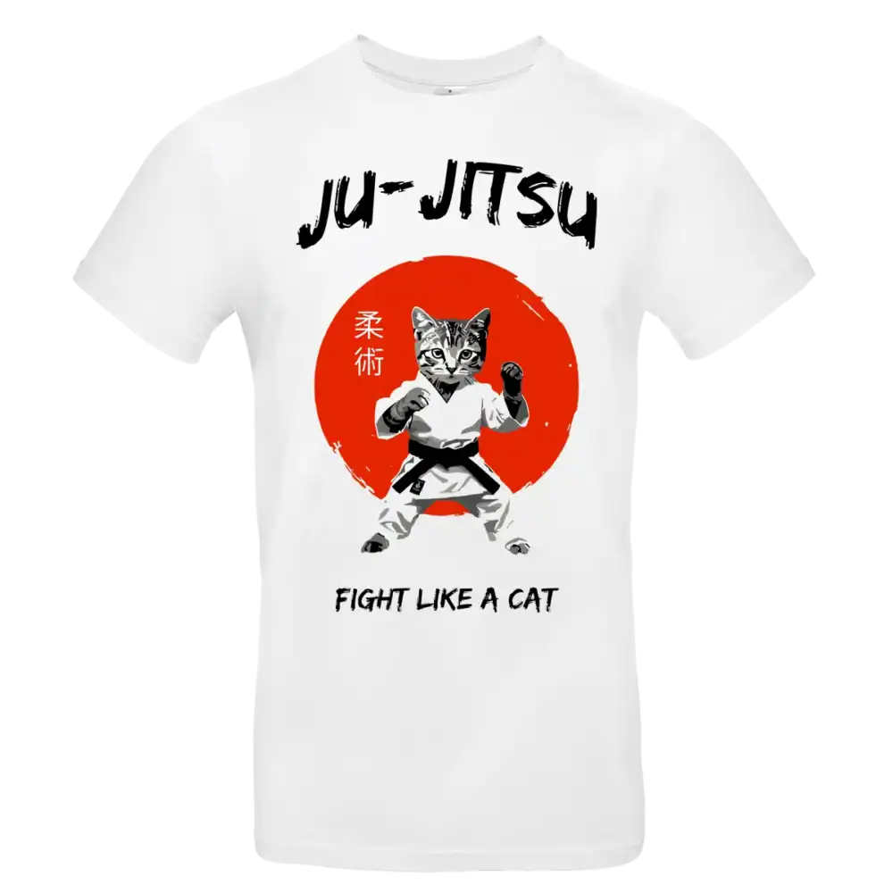 T shirt Ju Jitsu Fight Like a Cat chat arts martiaux impression premium blanc coupe homme