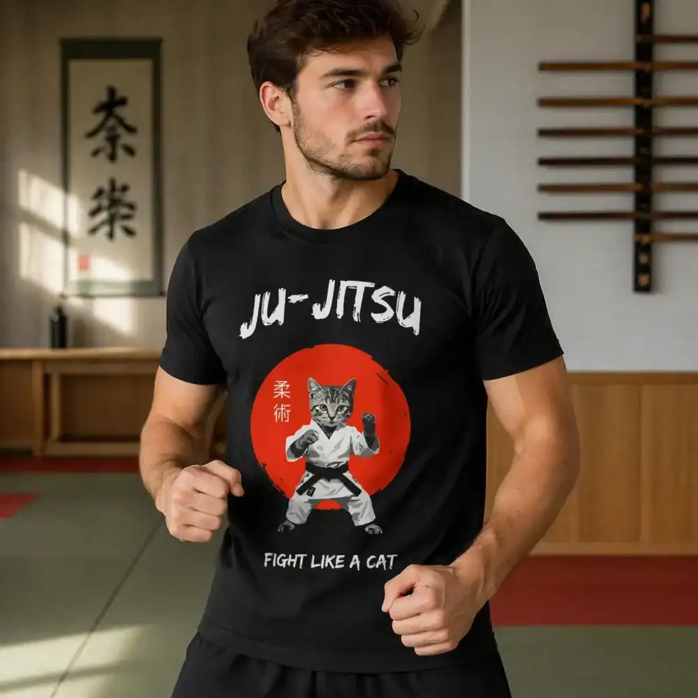 T-shirt jujitsu chat porté par homme en salle d’entraînement