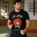 T-shirt jujitsu chat porté par homme en salle d’entraînement