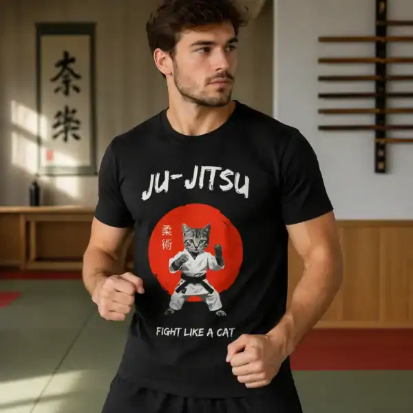 T-shirt jujitsu chat porté par homme en salle d’entraînement