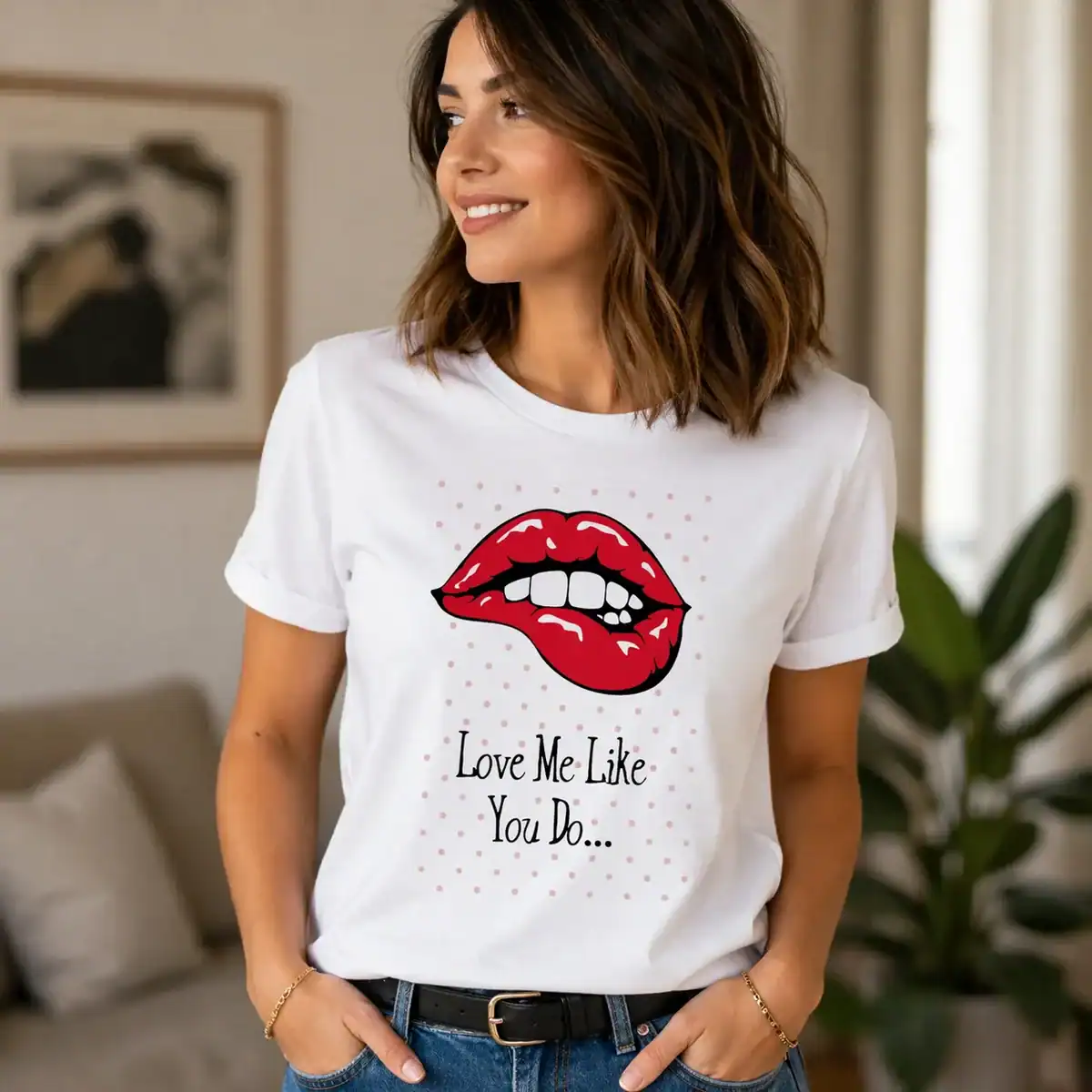 T-shirt lèvres rouge love me like you do porté par femme en intérieur salon