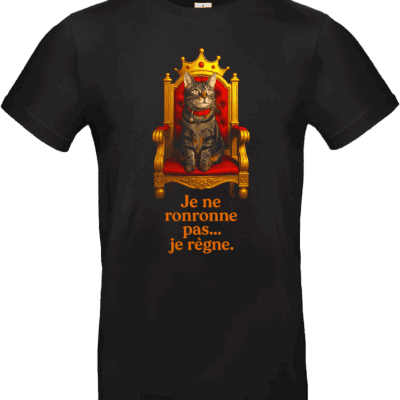 T-shirt noir homme Chat Royal avec un chat sur un trône doré et le texte “Je ne ronronne pas… je règne.”