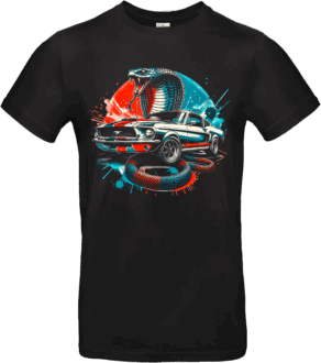 T-shirt noir avec visuel Mustang vintage argent et cobra géant rouge et bleu
