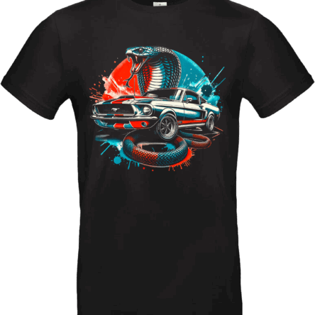 T-shirt noir avec visuel Mustang vintage argent et cobra géant rouge et bleu