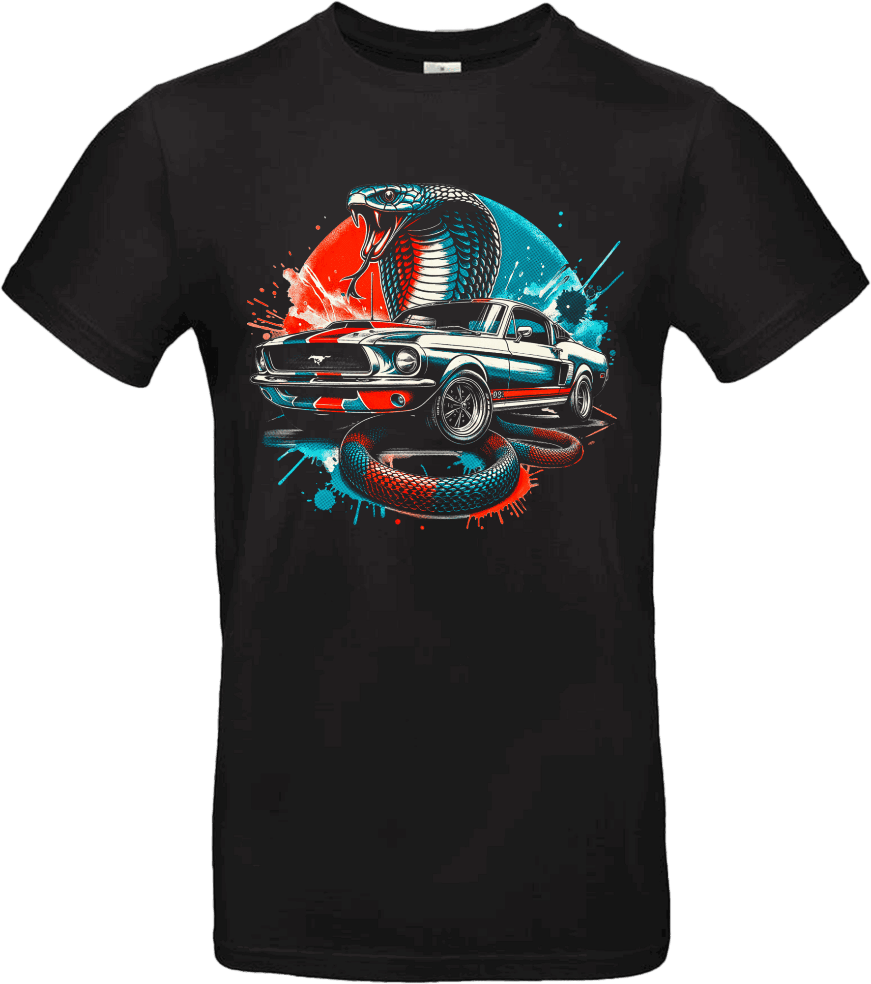 T-shirt noir avec visuel Mustang vintage argent et cobra géant rouge et bleu