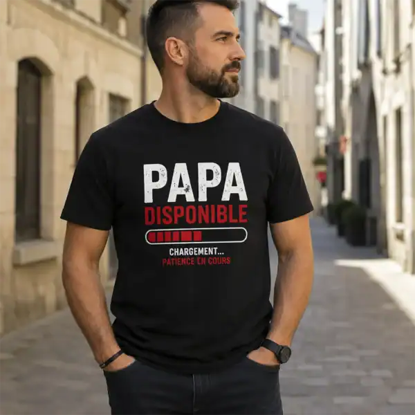 T-shirt Papa Disponible noir porté par homme en extérieur ville