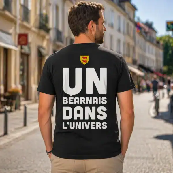 T-shirt texte UN béarnais dans l’univers porté par homme de dos en extérieur rue ensoleillée