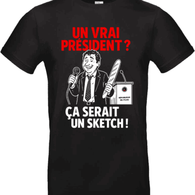 T-shirt noir avec dessin humoristique politique.
