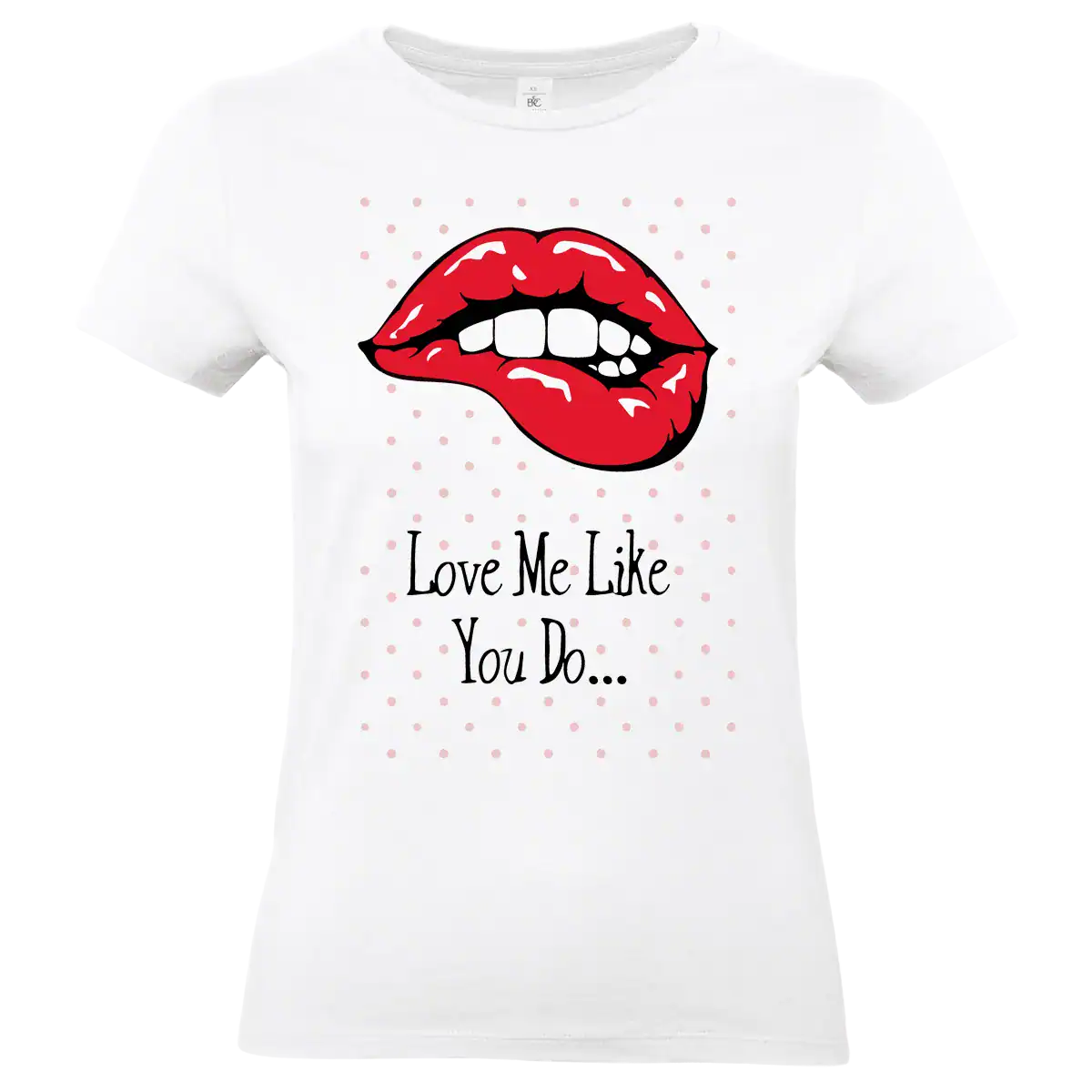 T-shirt femme blanc Love Me Like You Do avec visuel lèvres rouges graphique