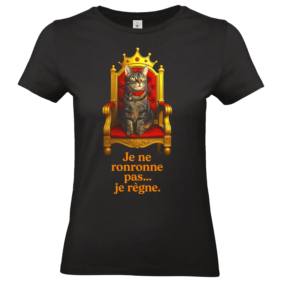 T shirt chat roi humour je ne ronronne pas je regne noir femme