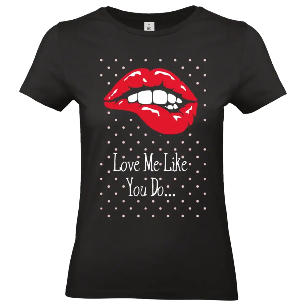 T-shirt femme noir Love Me Like You Do avec visuel lèvres rouges graphique
