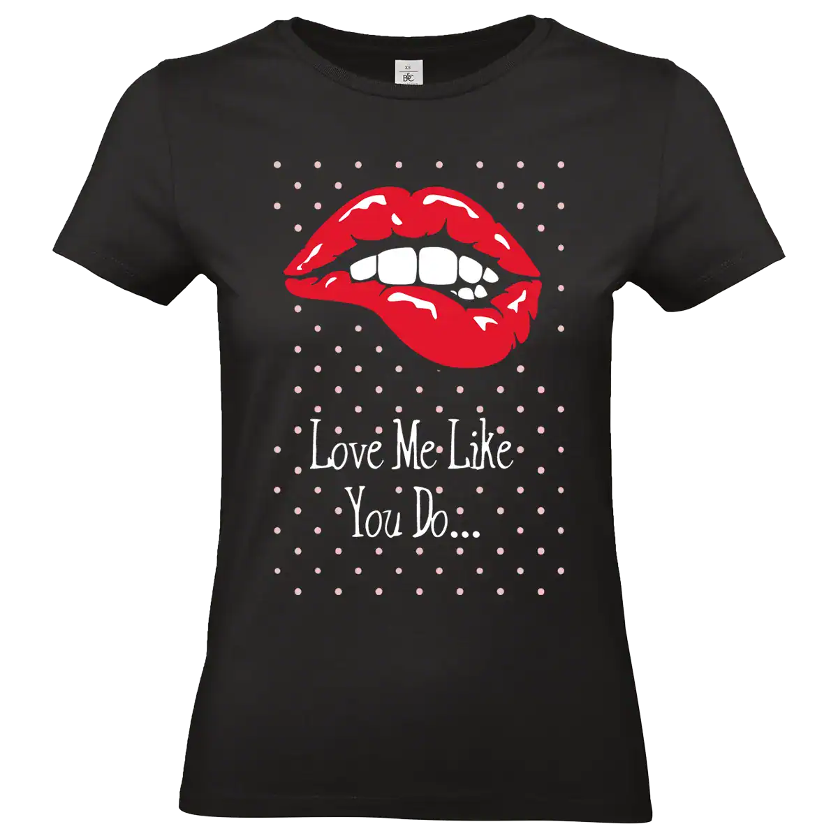 T-shirt femme noir Love Me Like You Do avec visuel lèvres rouges graphique