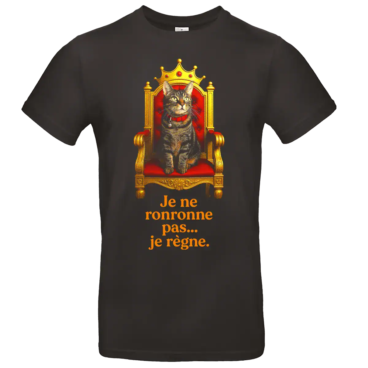 T shirt chat roi humour je ne ronronne pas je regne noir porté homme et femme