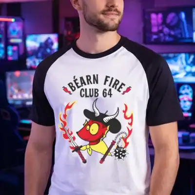 t shirt bearn fire club 64 porte homme gaming setup salle jeux video neon pilou shop 64