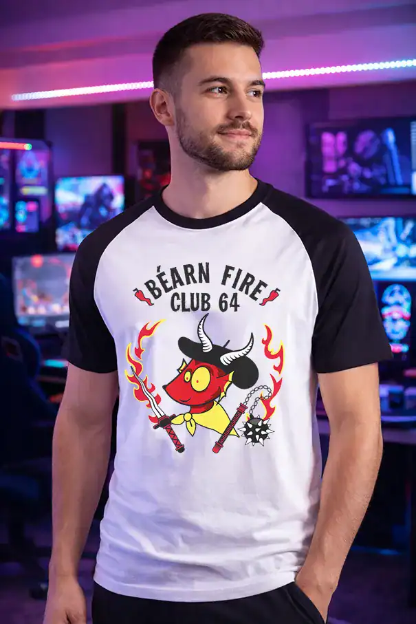 t shirt bearn fire club 64 porte homme gaming setup salle jeux video neon pilou shop 64