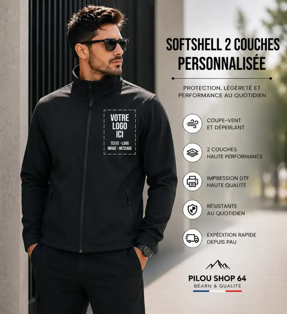 softshell noire personnalisée homme avec logo poitrine vêtement professionnel coupe vent déperlant impression DTF haute qualité Pilou Shop 64 Pau