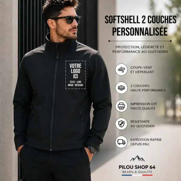 softshell noire personnalisée homme avec logo poitrine vêtement professionnel coupe vent déperlant impression DTF haute qualité Pilou Shop 64 Pau
