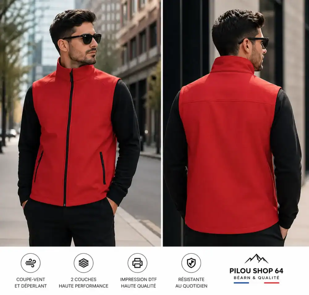 homme en ville portant softshell sans manches rouge personnalisable vue face et dos style urbain pilou shop 64
