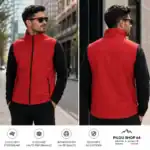 homme en ville portant softshell sans manches rouge personnalisable vue face et dos style urbain pilou shop 64