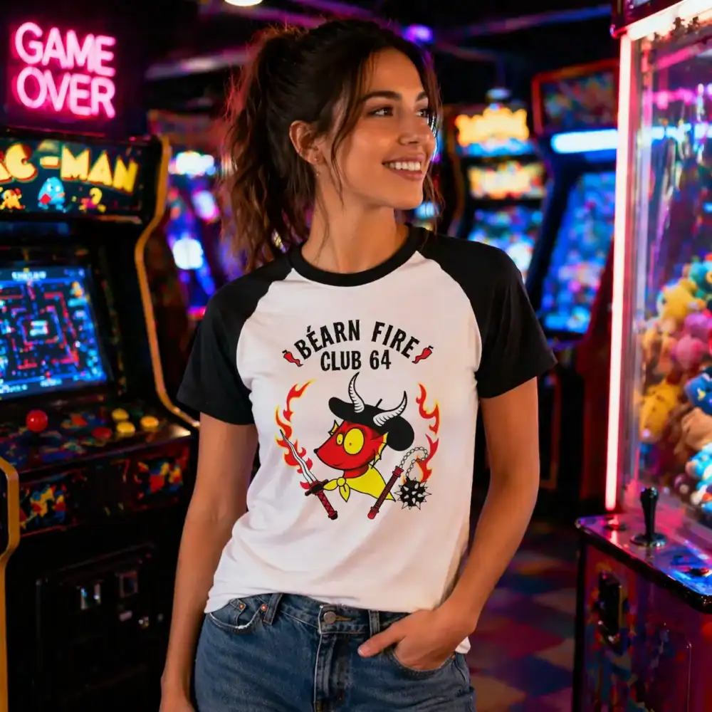 T-shirt Béarn fire club 64 porté par femme en salle arcade