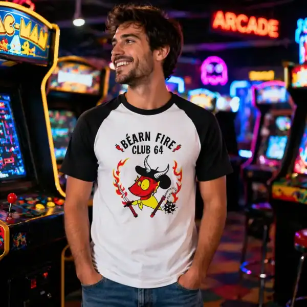 T-shirt Béarn fire club 64 porté par homme en salle arcade