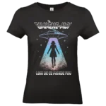 T shirt femme noir Emmène moi loin de ce monde fou motif ovni et silhouette cosmique