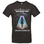 T shirt homme noir Emmène moi loin de ce monde fou motif ovni et silhouette cosmique