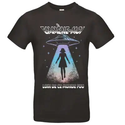 T shirt homme noir Emmène moi loin de ce monde fou motif ovni et silhouette cosmique