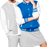Couple portant vestes varsity grise et bleue Kariban