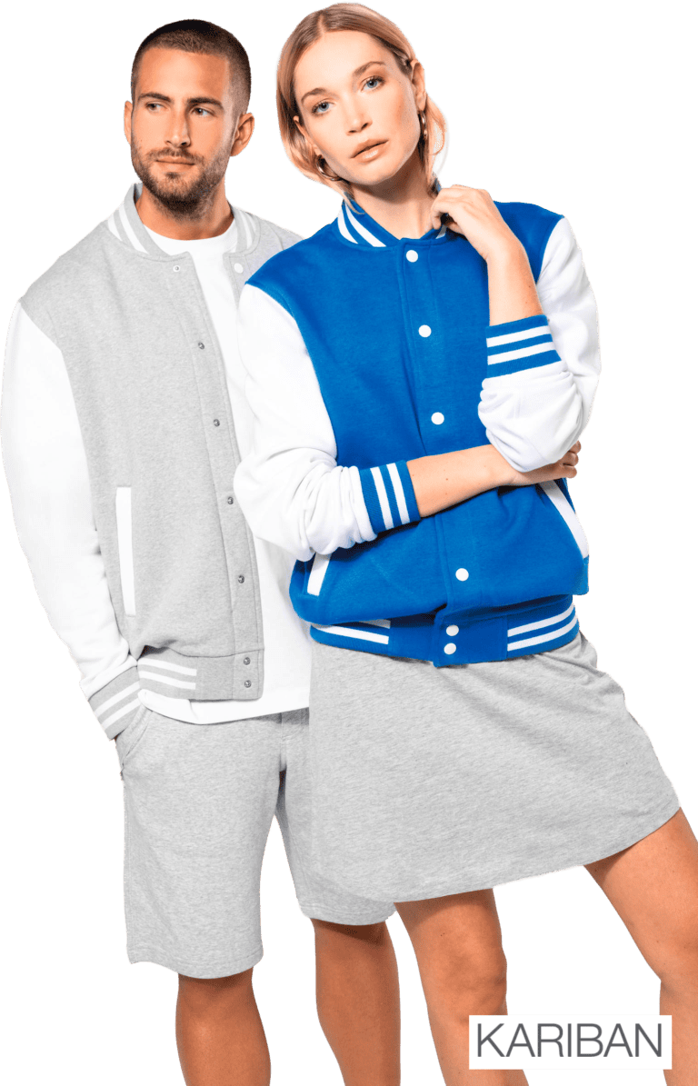 Couple portant vestes varsity grise et bleue Kariban