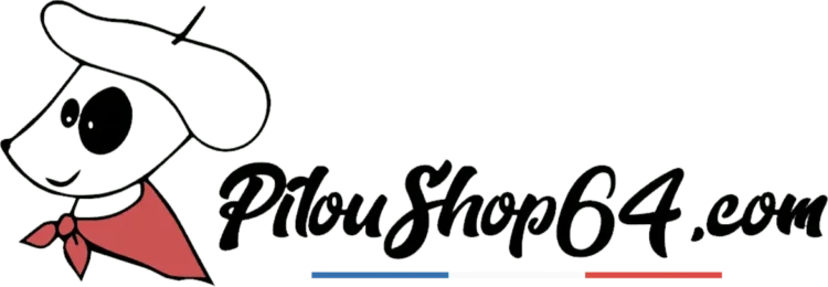 Logo PilouShop64 avec chien et drapeau français