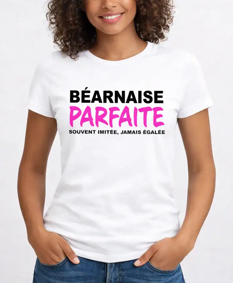 femme portant t shirt blanc bearnaise parfaite humour bearn impression dtf pilou shop 64 pau