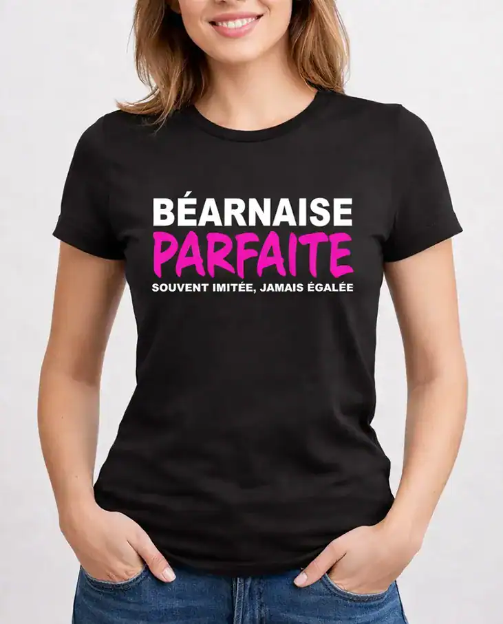 femme portant t shirt noir bearnaise parfaite humour bearn impression dtf pilou shop 64 pau