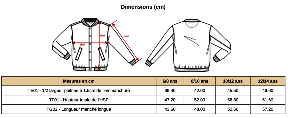 Guide des tailles d’un blouson enfant en centimètres