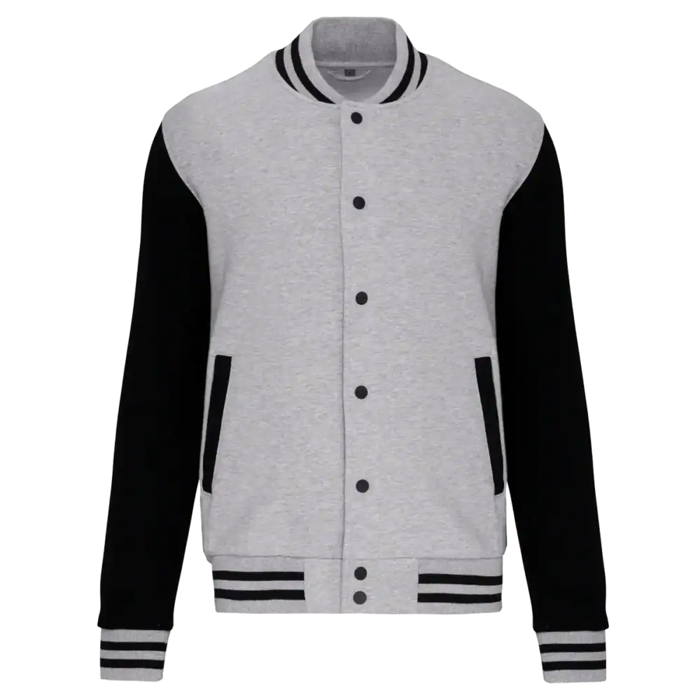 Veste universitaire grise à manches noires.